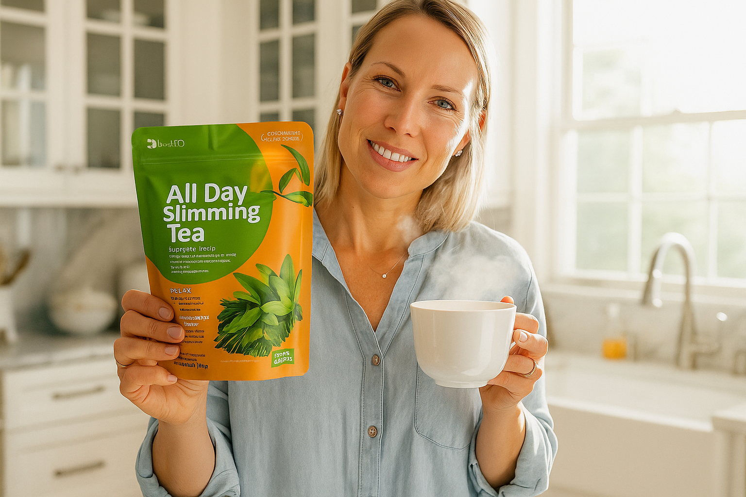 All Day Slimming Tea pack and cup
